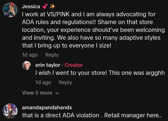 TikTok comments including one reading "I work at VS/PINK and I am always advocating for ADA rules and regulations!! Shame on that store location, your experience should’ve been welcoming and inviting. We also have so many adaptive styles that I bring up to everyone I size!"