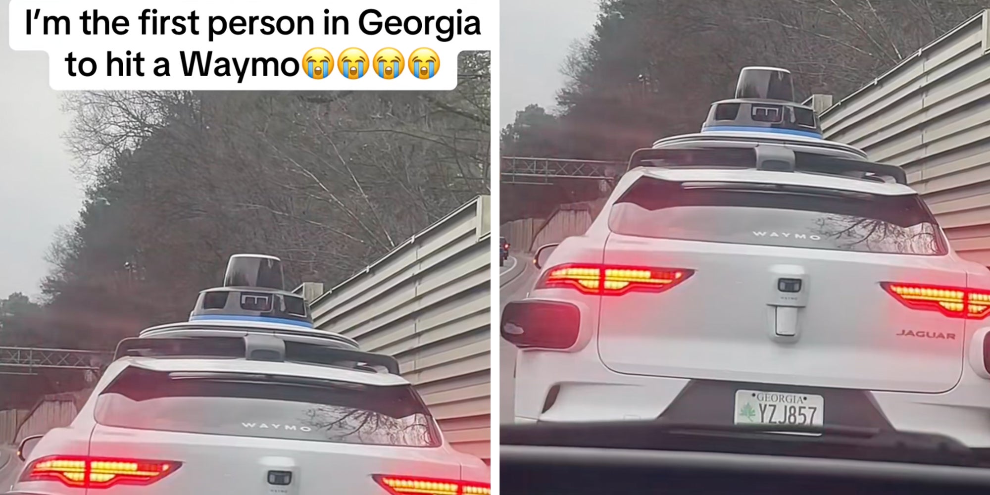 Waymo self-driving vehicle on the side of a highway, text overlay reads, 'I'm the first person in Georgia to hit a Waymo.'