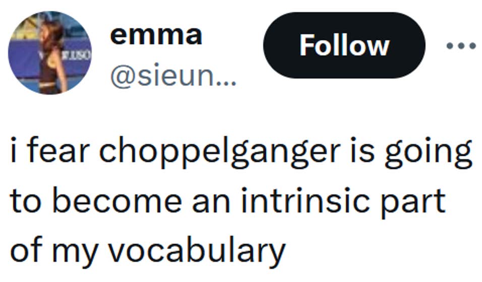 Tweet lendo 'Temo que choppelganger se torne uma parte intrínseca do meu vocabulário'