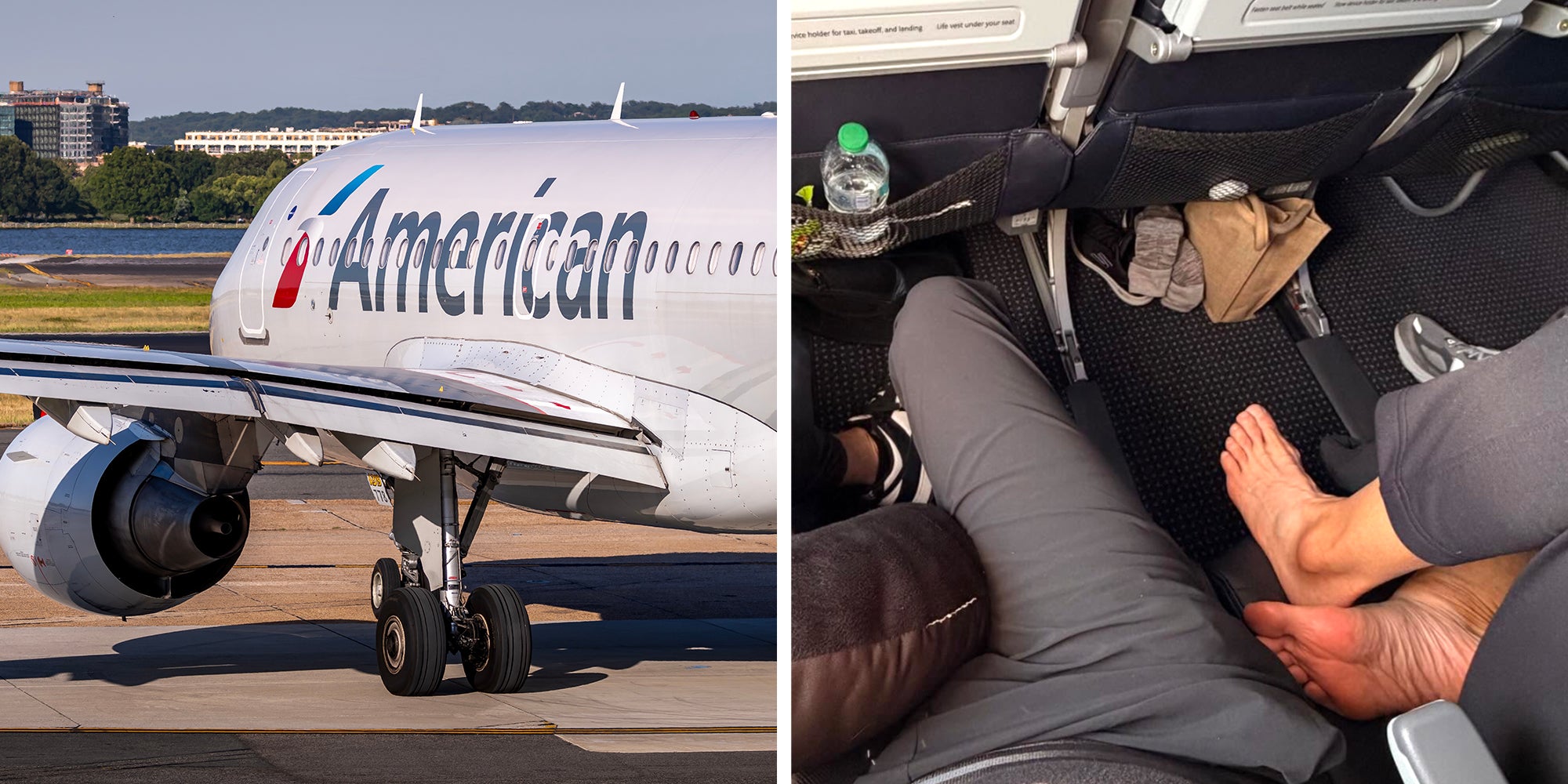 Left: An American Airlines Airbus A320 sits on the ramp at Ronald Reagan National Airport. Right: Birds eye view photo taken of passenger sitting in an airplane seat, his neighbor's bare feet nearly touching his thigh.