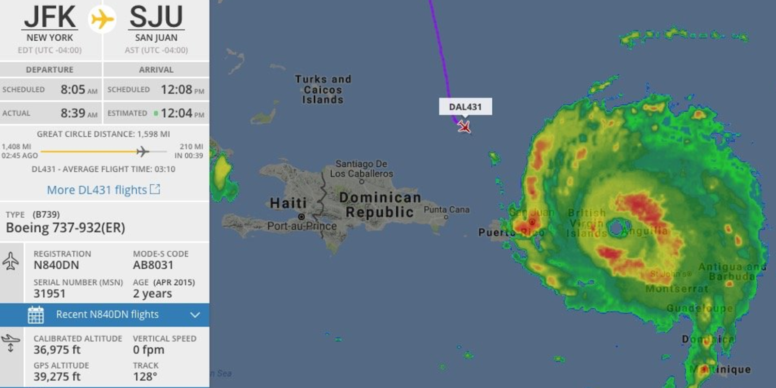 delta airlines flight dl302 approaches puerto rico hurricane irma