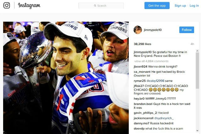 Patriots quarterback Jimmy Garoppolo Instagram hack