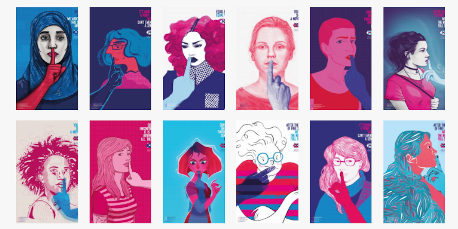 Illustrations of women making the Shh sign