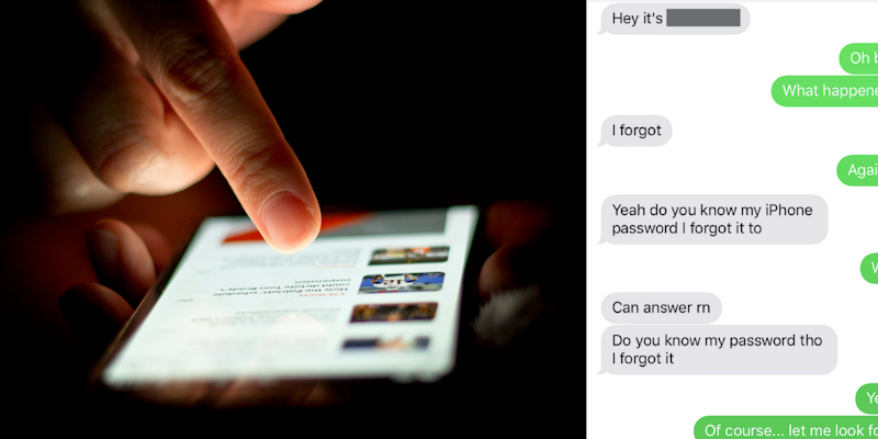 A photo of someone scrolling on their phone in the dark next to a text conversation between a phone thief and the phone's owner's relative.