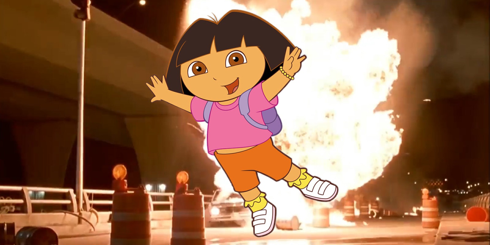 Dora the Explorer leaps away from explosion