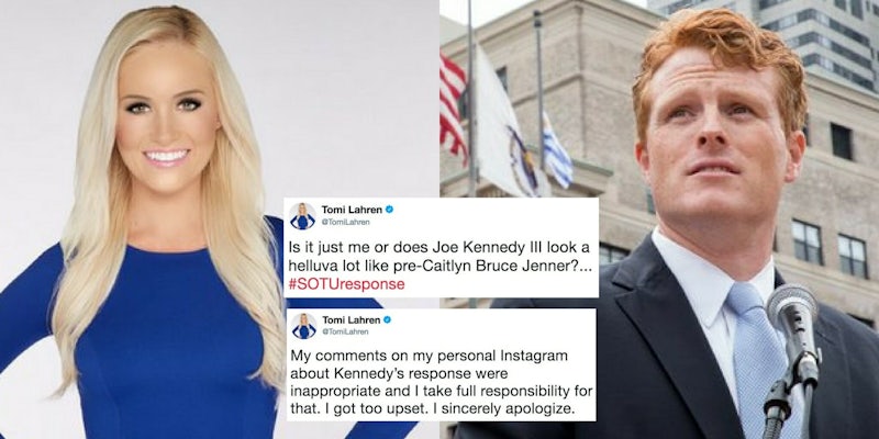 Tomi Lahren insults Rep. Joe Kennedy by calling him a 'limp dick,' making transphobic comment, and apologizes.