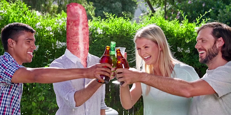 rick and morty : Friends clink beers with sausage in Rick and Morty parasite prevention video