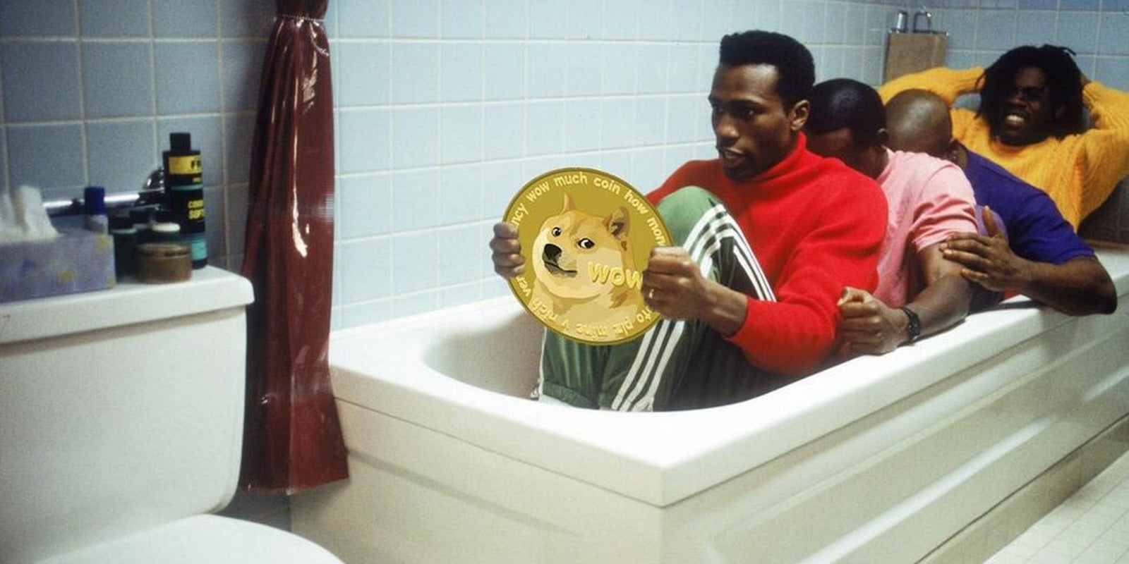 Cool Runnings Jamaican bobsled team in bathtub holding Dogecoin
