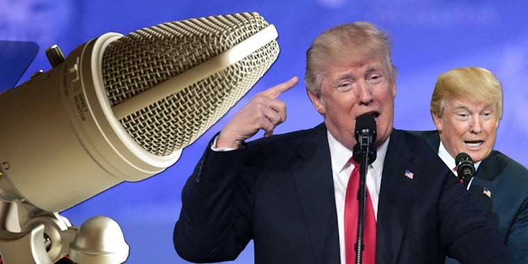 The We're All Gonna Die mic with two pictures of Donald Trump making funny faces.