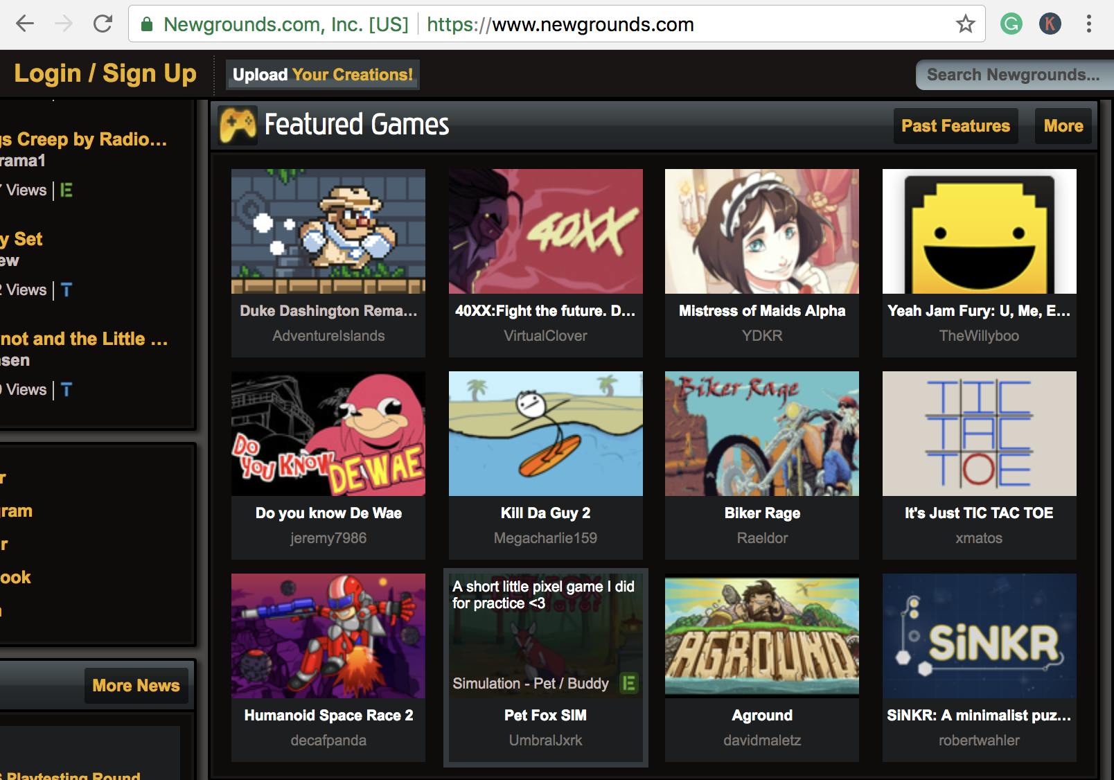 Screenshot showing the newgrounds website which hosts multiple flash games