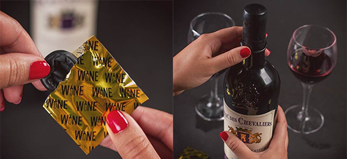 This condom protects your bottles of wine from spoiling in the fridge