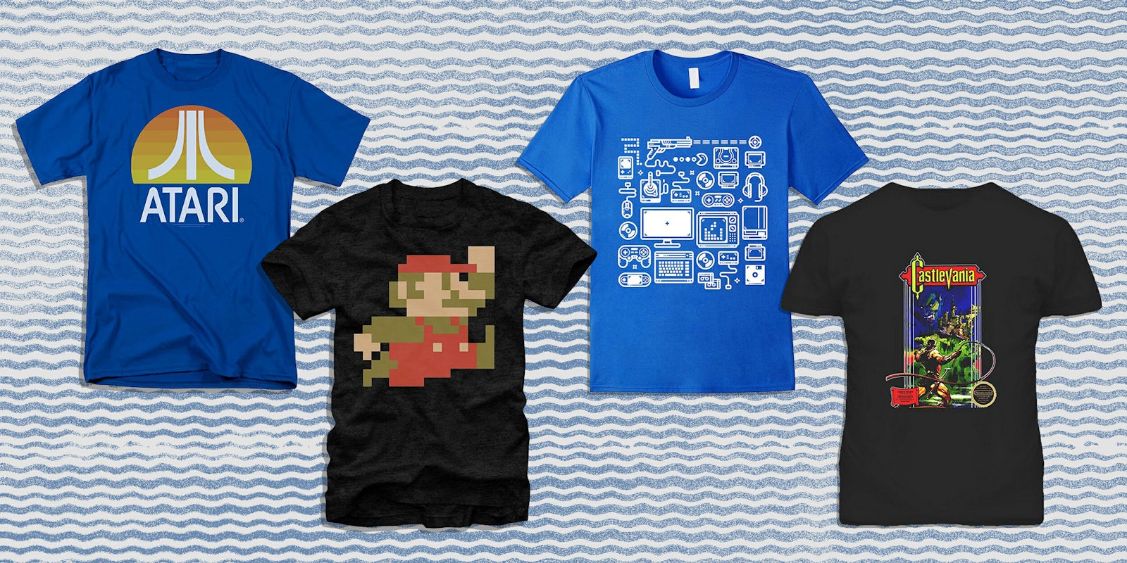 Atari, Super Mario Bros., and Castlevania t-shirts