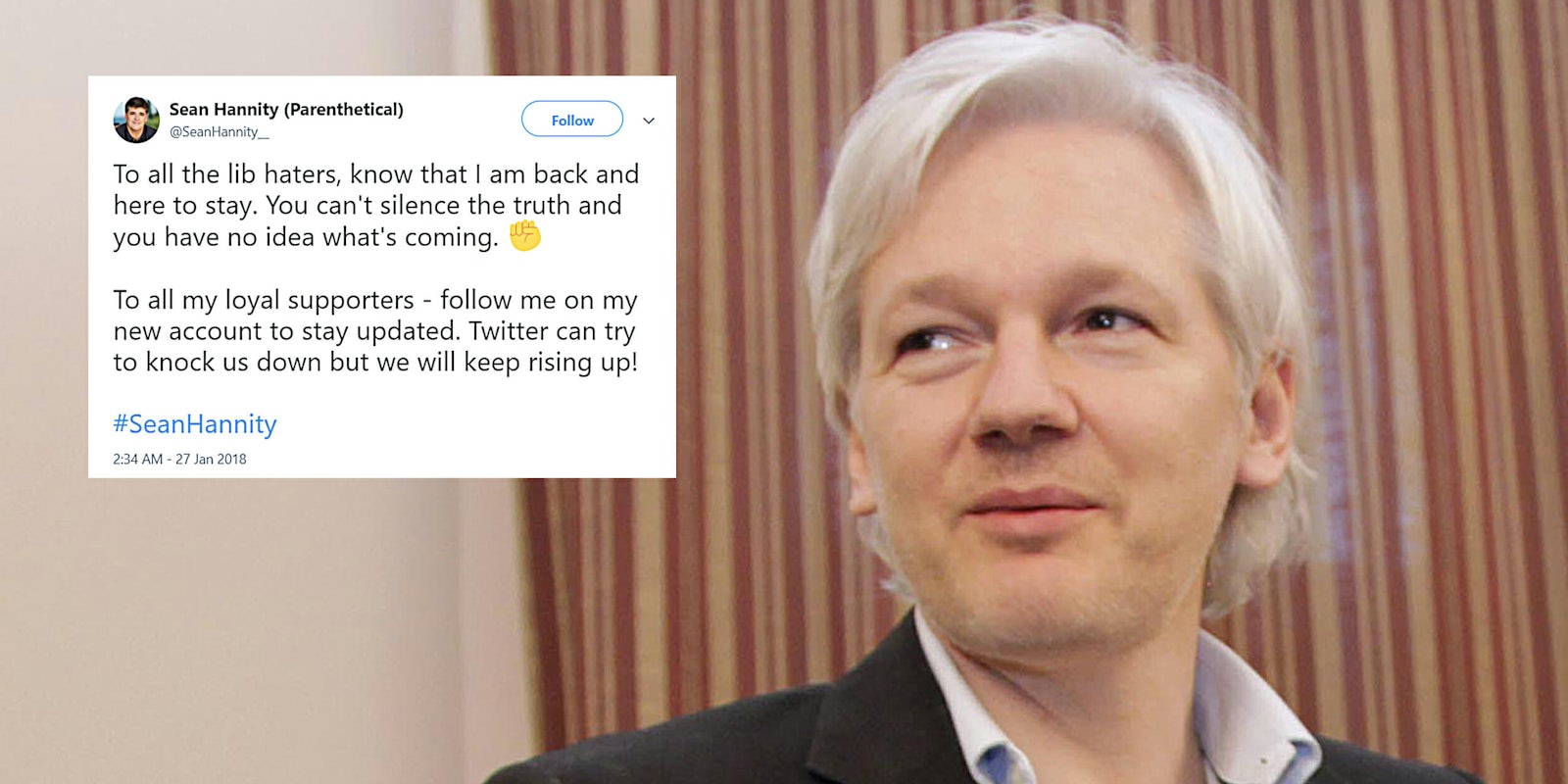 Julian Assange looking at fake Sean Hannity tweet