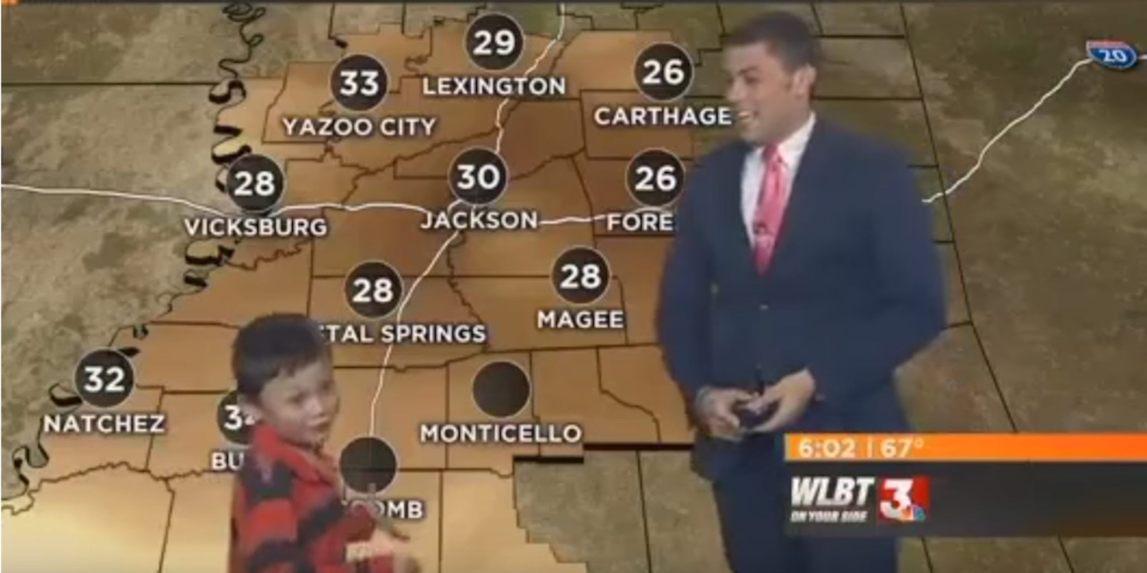 little boy crashes weather report