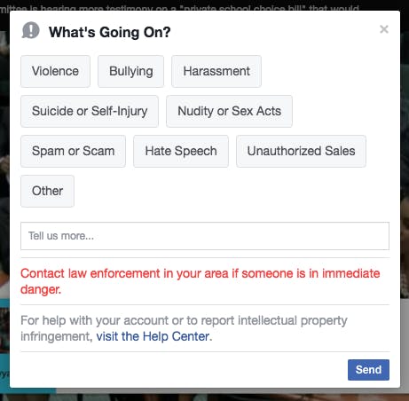 A screengrab of the window for reporting Facebook Live videos.