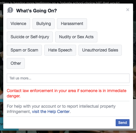 A screengrab of the window for reporting Facebook Live videos.