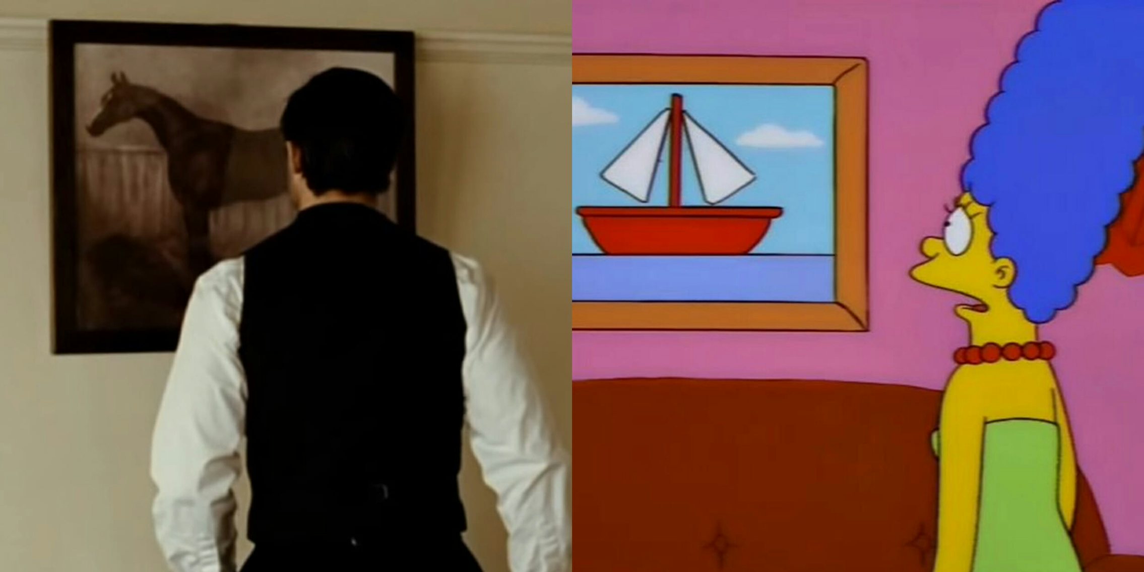 Brad Pitt as Jesse James looking at horse painting, Marge Simpson looking at a sailboat painting