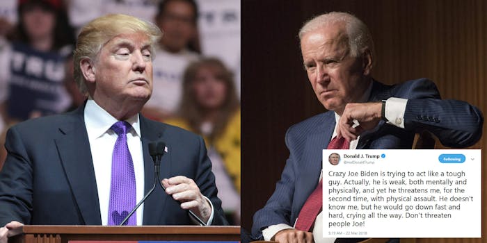President Donald Trump on Thursday tweeted that he'd beat Joe Biden in a fight. Not a hypothetical 2020 presidential election match-up–a physical fisticuffs.