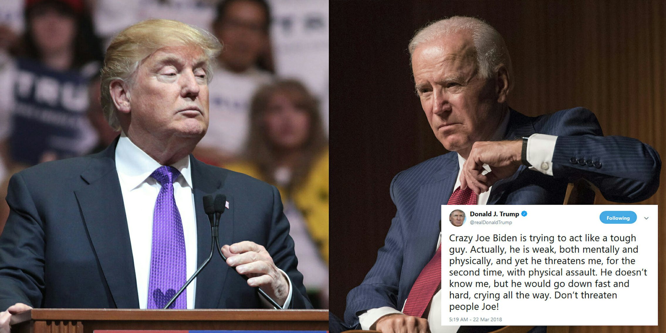 President Donald Trump on Thursday tweeted that he'd beat Joe Biden in a fight. Not a hypothetical 2020 presidential election match-up–a physical fisticuffs.