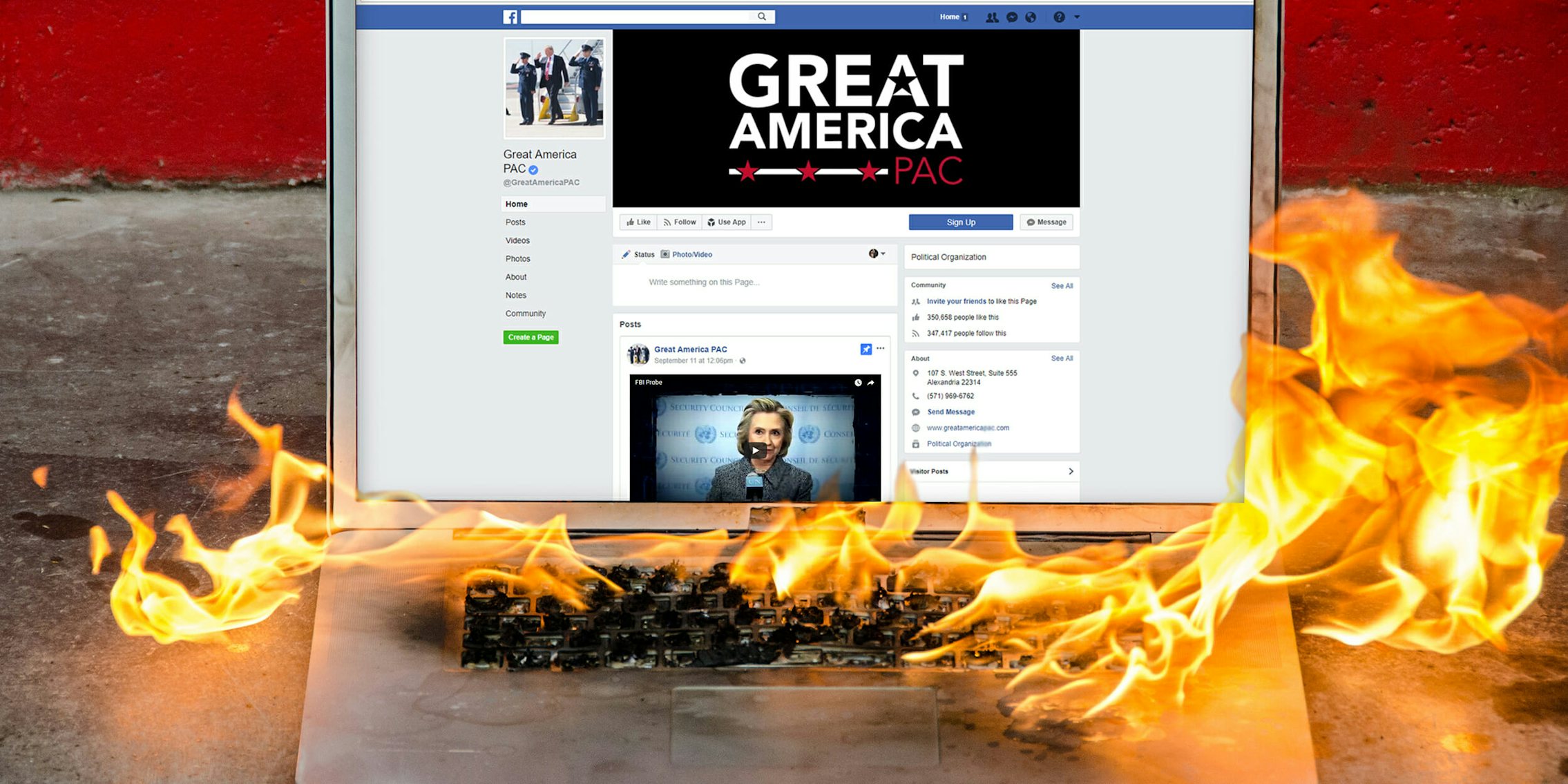 Burning laptop with Great America PAC Hillary Clinton political ads on Facebook