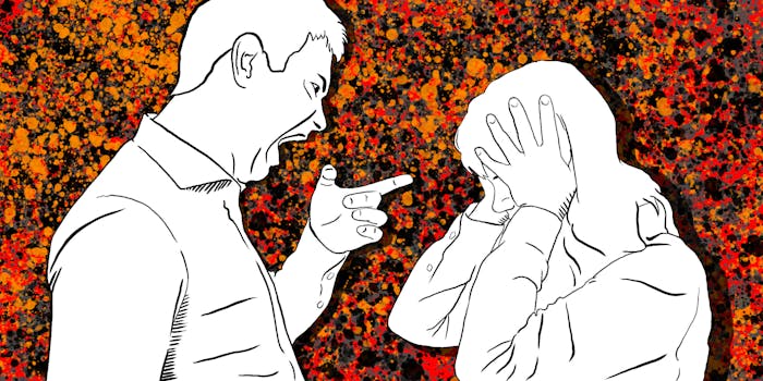 Illustration of a man yelling and pointing at a woman holding her head