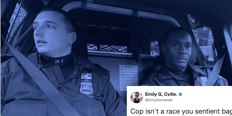 A screengrab from a video about 'Blue Racism' from an NYPD union with a tweet criticizing the video's assertions.