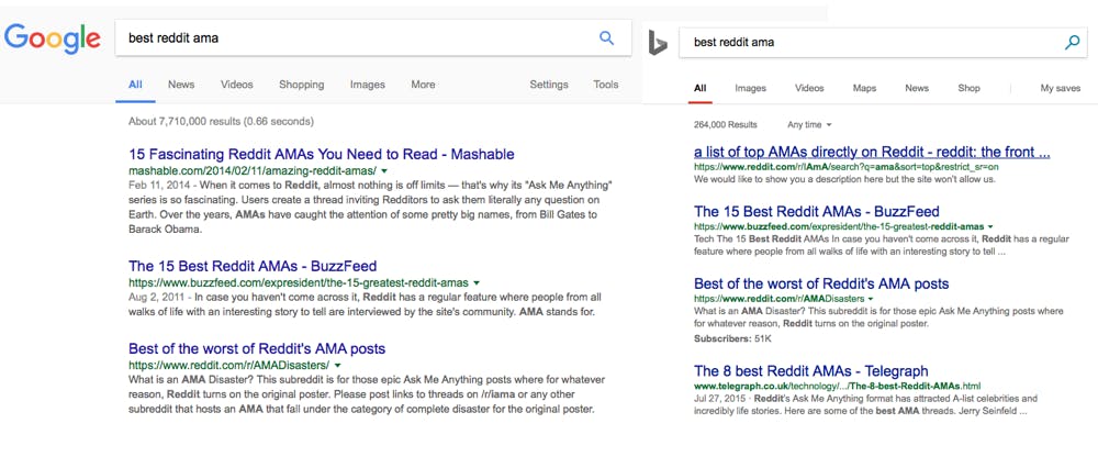 Screengrabs of Bing and Google