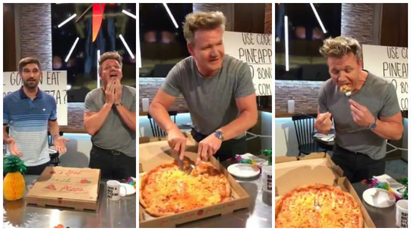 Video Gordon Ramsay Tries To Choke Down Pineapple Pizza for Charity