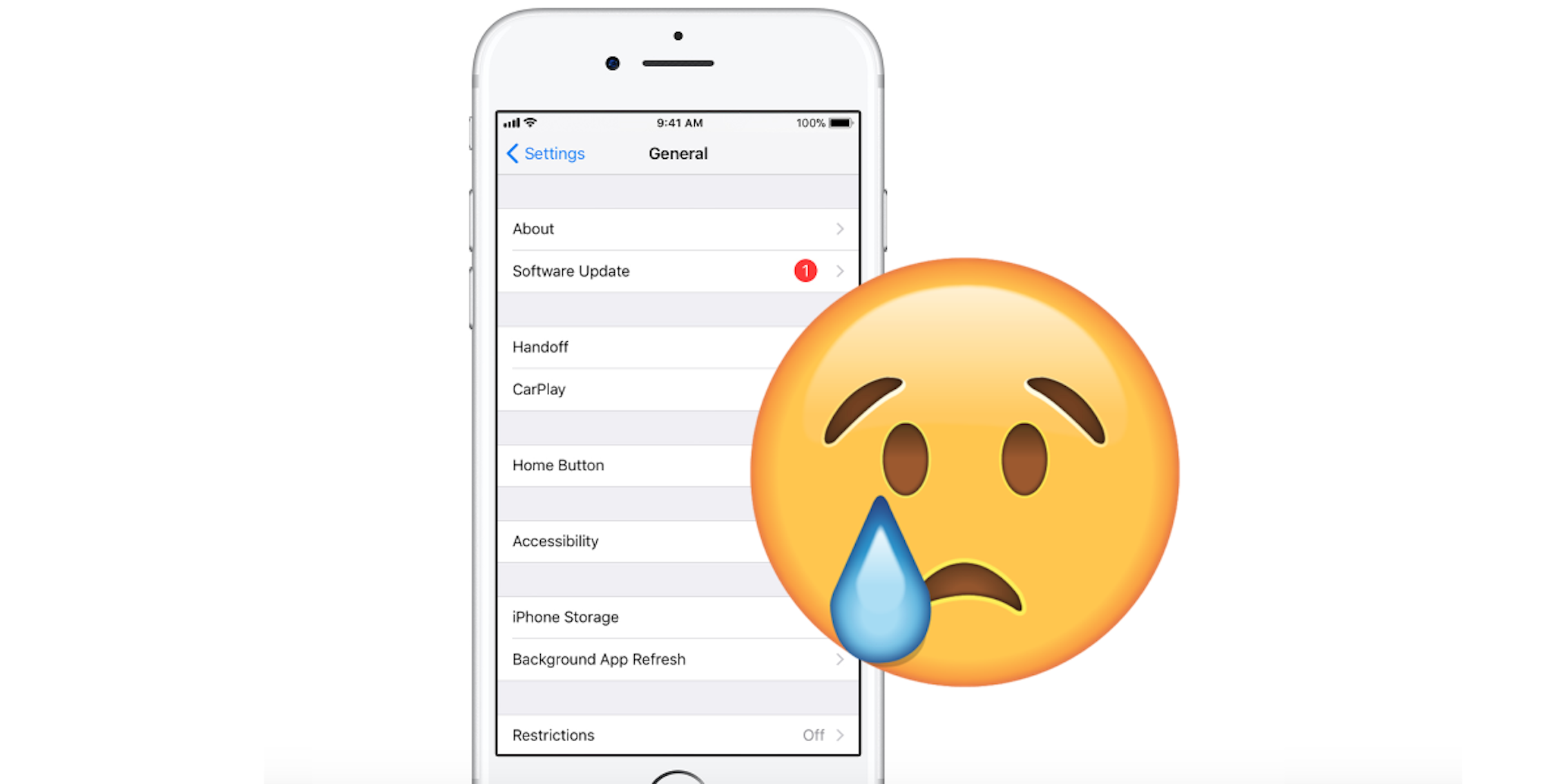 iPhone settings menu with sad emoji