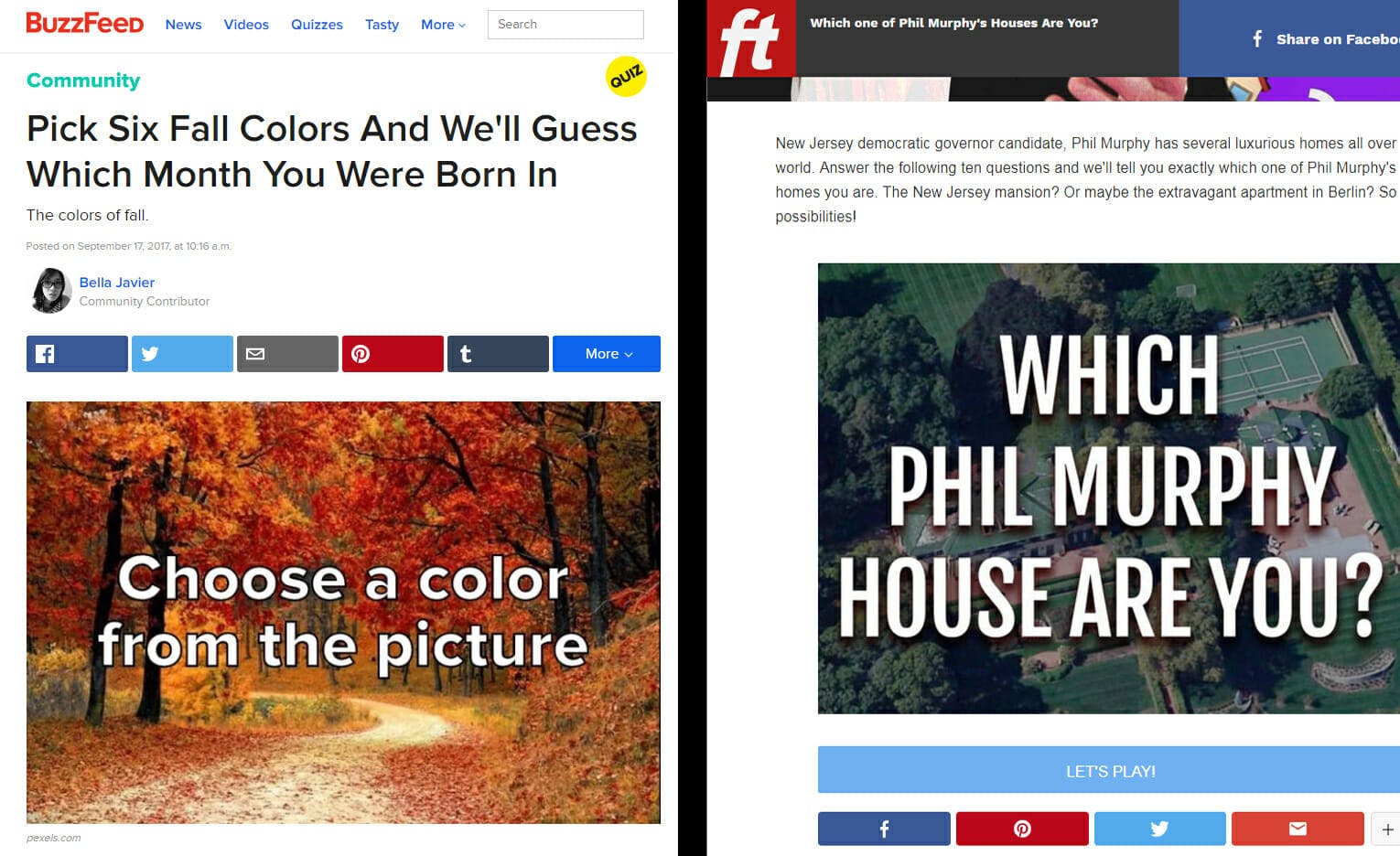 A side-by-side of a BuzzFeed quiz and a Free Telegraph quiz