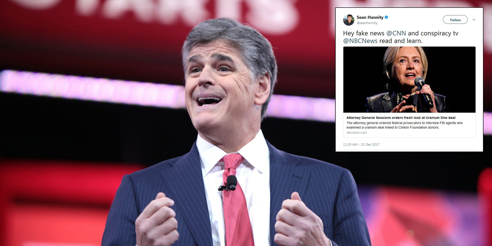 Sean Hannity was roasted on Twitter after he he slammed NBC News as 'conspiracy TV' while linking to an article from the news outlet in the same tweet.