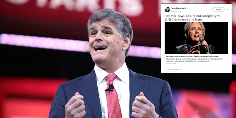 Sean Hannity was roasted on Twitter after he he slammed NBC News as 'conspiracy TV' while linking to an article from the news outlet in the same tweet.