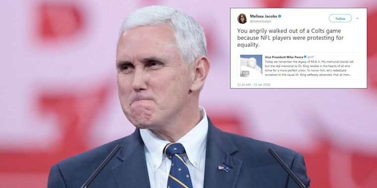 Vice President Mike Pence is being called out for honoring Martin Luther King Jr. on Monday just months after he walked out of an NFL game where players of color protested police brutality by kneeling during the national anthem.