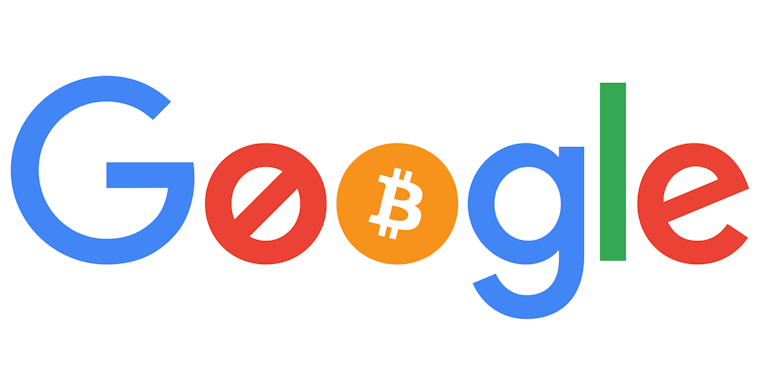 Google logo with the first 'o' as a 'no' symbol and the second 'o' as the Bitcoin logo