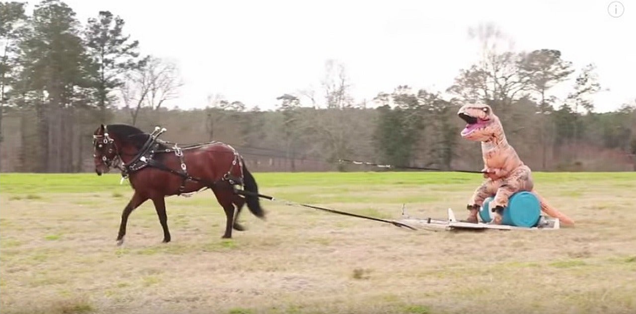 Watch this inflatable Trex ride a soccerplaying horse