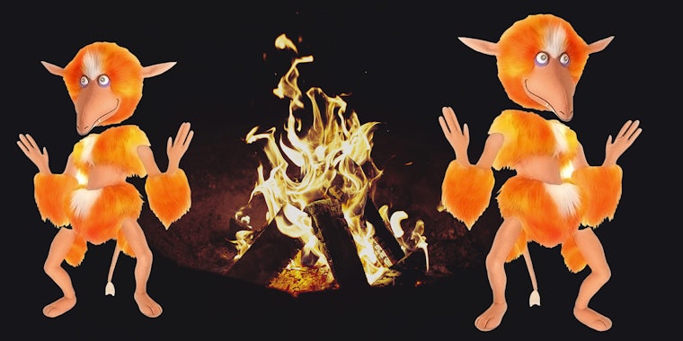 Firey puppets dancing in front of a campfire