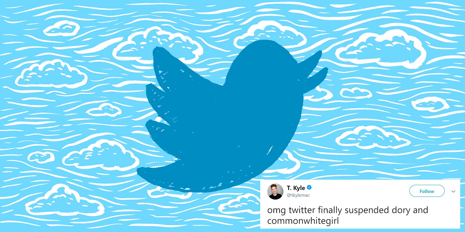 Twitter bird and cloud background with 'omg twitter finally suspended dory and commonwhitegirl' tweet