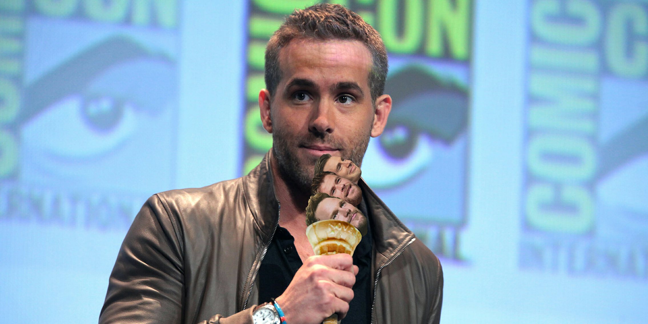 Ryan Reynolds holding ice cream cone with Chris Pratt, Chris Hemsworth, and Chris Evans heads as scoops of ice cream