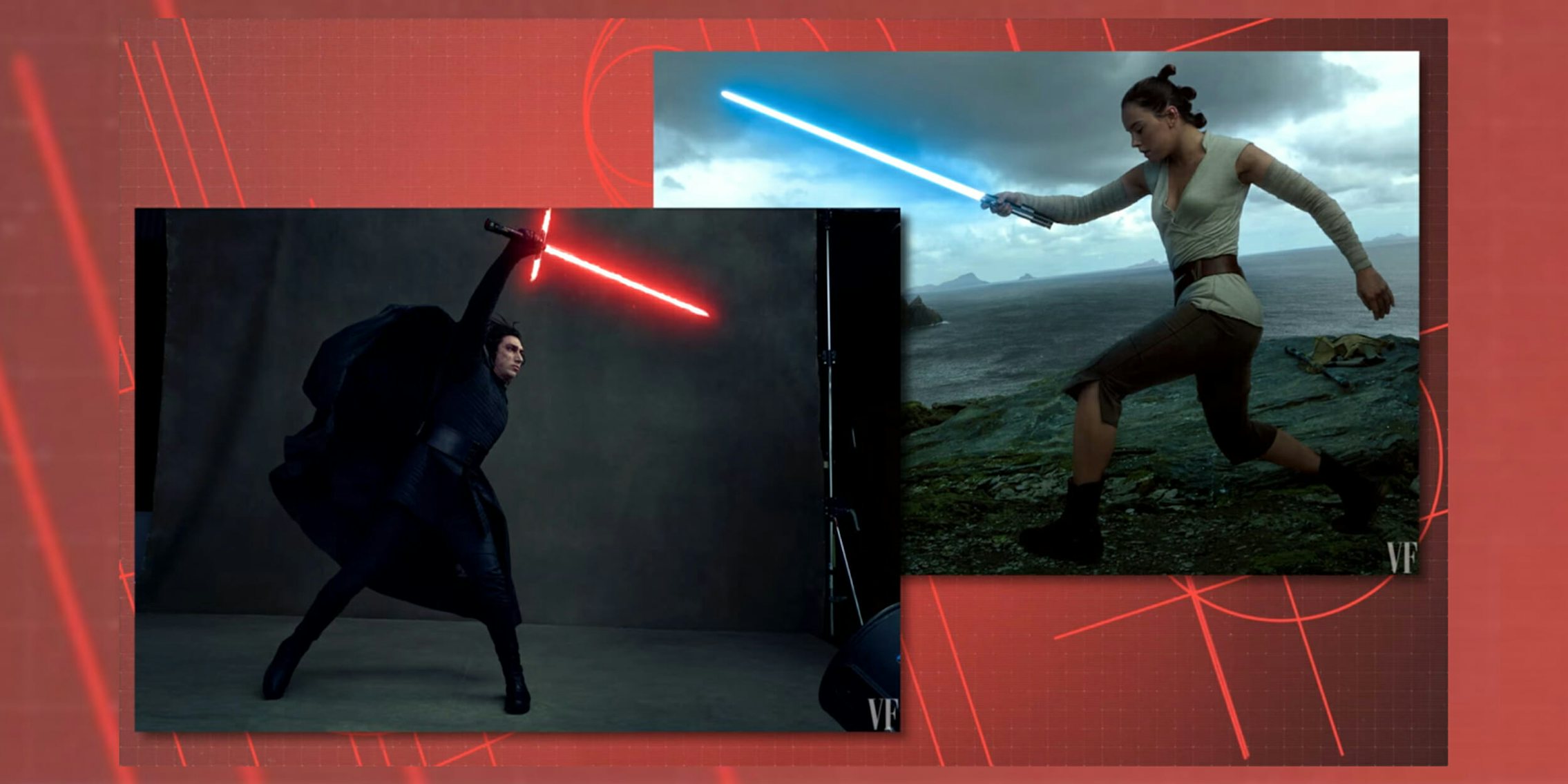 Kylo Ren and Rey with lightsabers