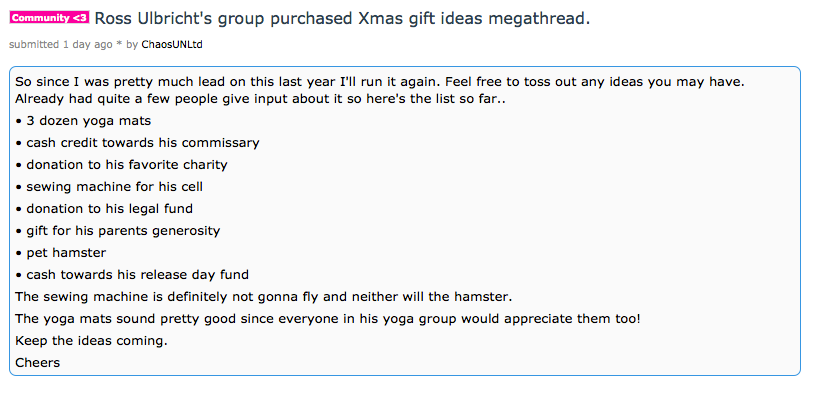 Ross Ulbricht Christmas Present Drive Reddit Post