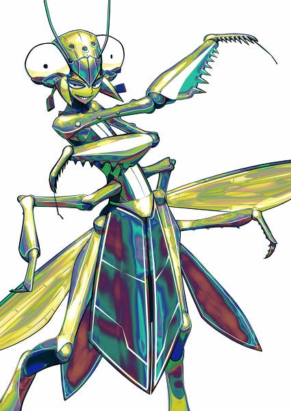 A praying mantis-like videogame character