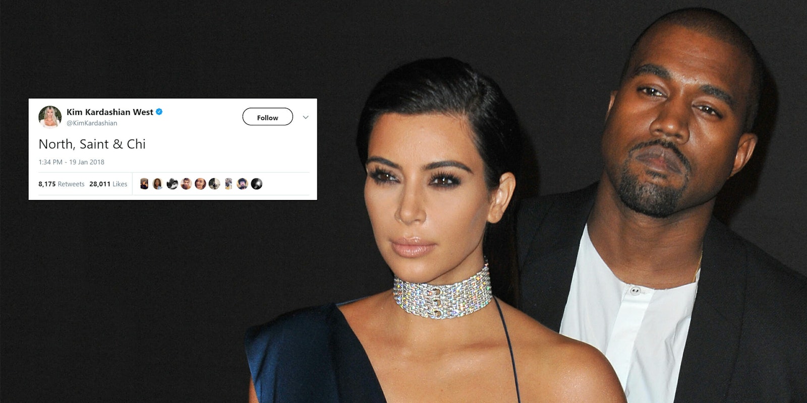 Kim Kardashian and Kanye West with 'North, Saint & Chi' tweet