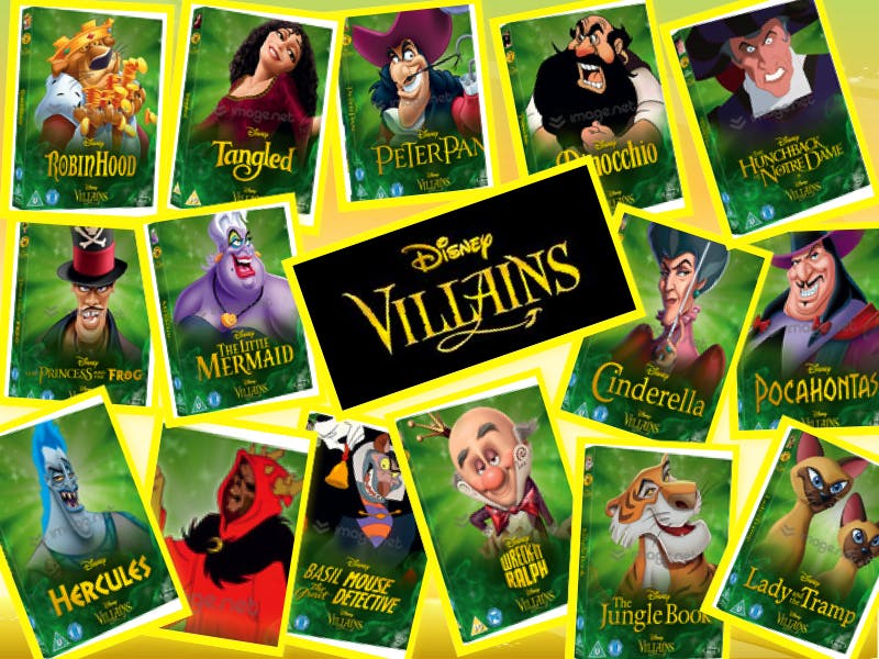 A collage showing Disney's recently released DVD collection, repackaged to feature the villains from animated films on the cover of each DVD title. Villains include Ursula, Sir Hiss (Robin Hood), Jafar (Aladdin), and many more. The center of the collage reads "Villains".