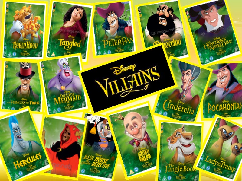 A collage showing Disney's recently released DVD collection, repackaged to feature the villains from animated films on the cover of each DVD title. Villains include Ursula, Sir Hiss (Robin Hood), Jafar (Aladdin), and many more. The center of the collage reads "Villains".