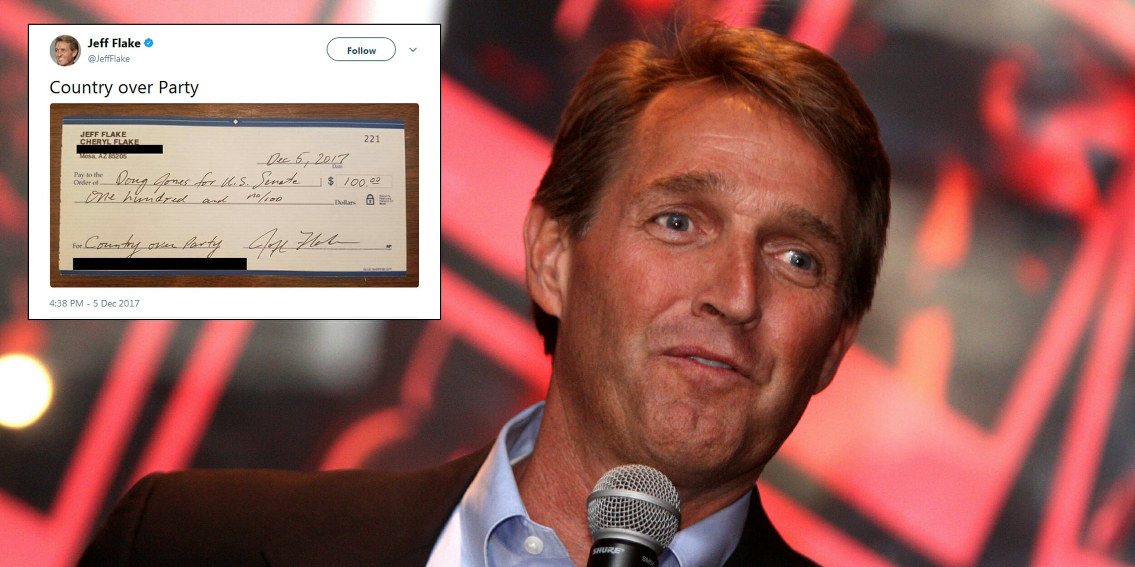 Sen. Jeff Flake (R-Ariz.) posed a $100 check that he is donating to Democrat Doug Jones in the Alabama Senate race later this month.