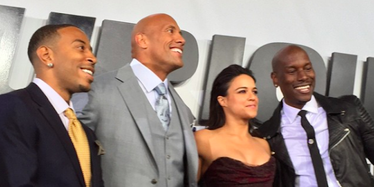 Tyrese, the Rock, and the cast of Fast and Furious