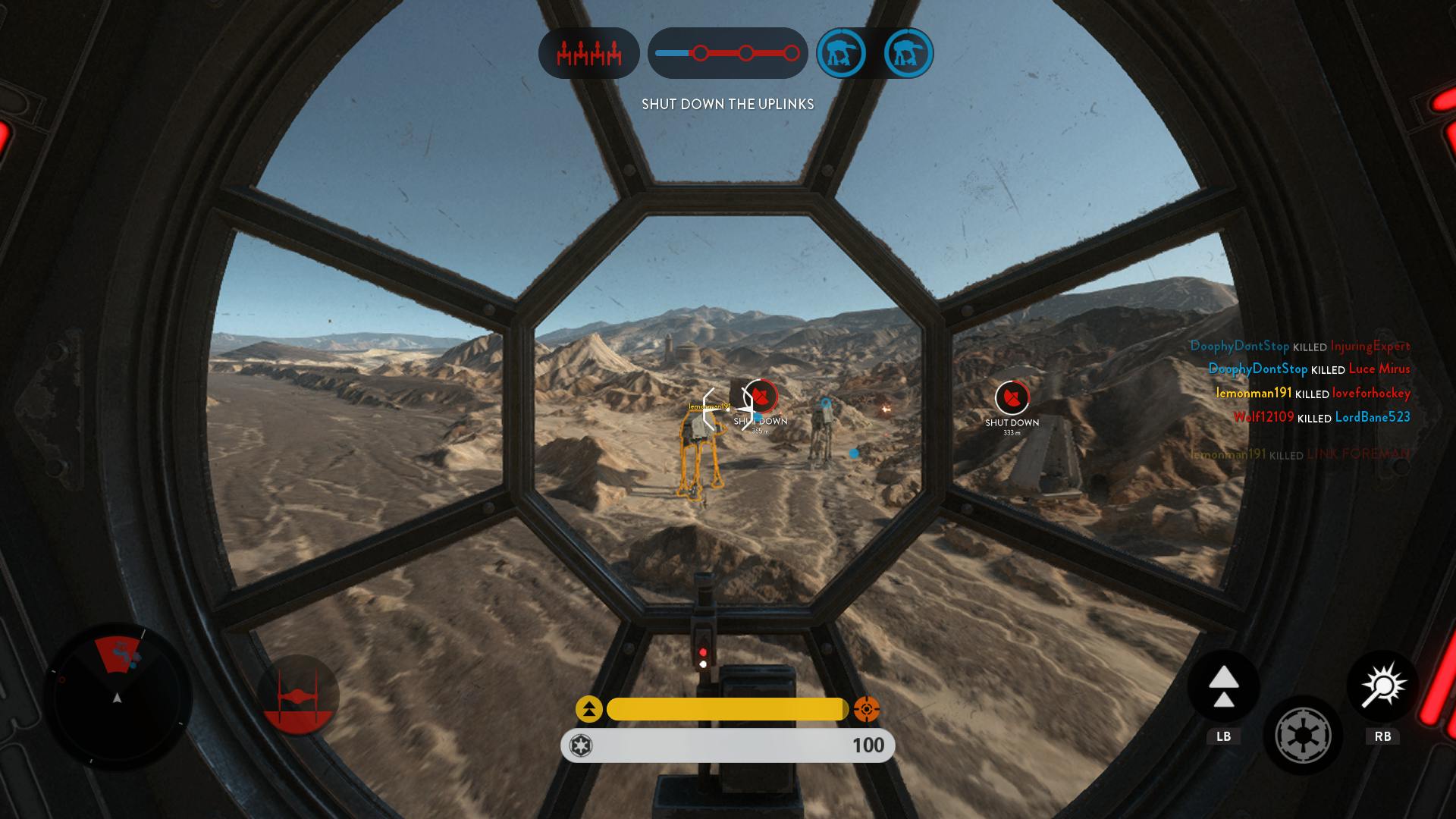 I'd much rather be driving that AT-AT than flying in this TIE Fighter, but my partner beat me to the AT-AT powerup. AGAIN.