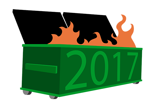 Dumpster on fire with '2017' on the front
