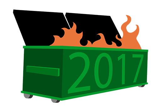 Dumpster on fire with '2017' on the front