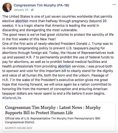 Rep Tim Murphy anti-abortion FB Post January 24